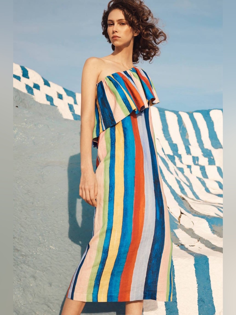 Mara Hoffman Rainbow Stripe One Shoulder Ruffle 100% Organic Linen Midi Dress 2